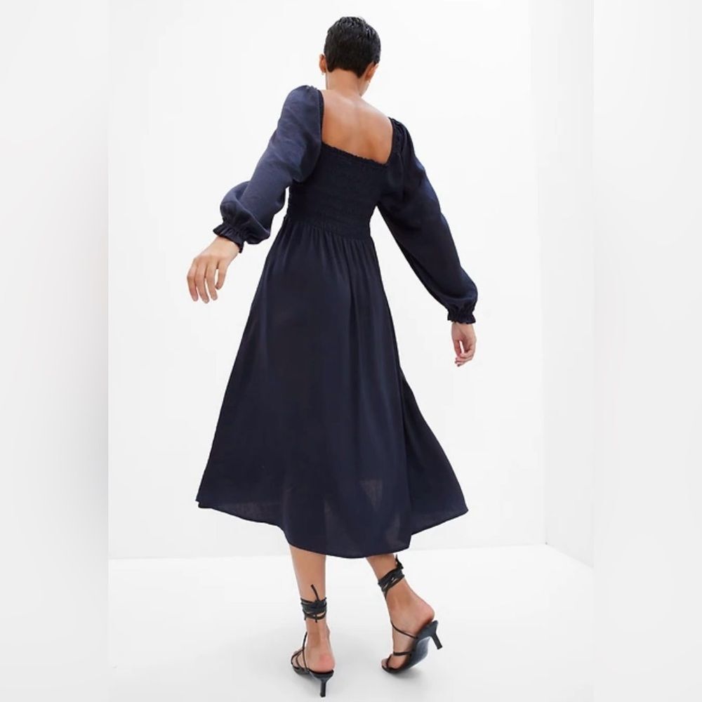 GAP Navy Smocked Bust Square Neck Long Sleeve Midi Dress - Picture 2 of 11